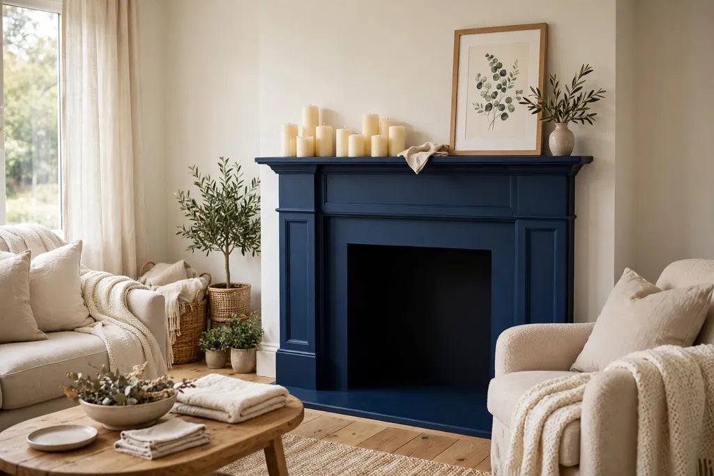 Navy fireplace surround with cream candles and a framed print on the mantel.