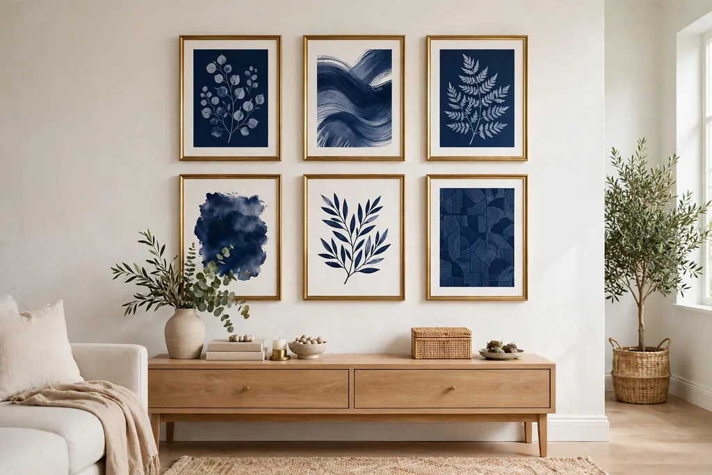 Gallery wall with navy prints in brass frames above a living room console table.