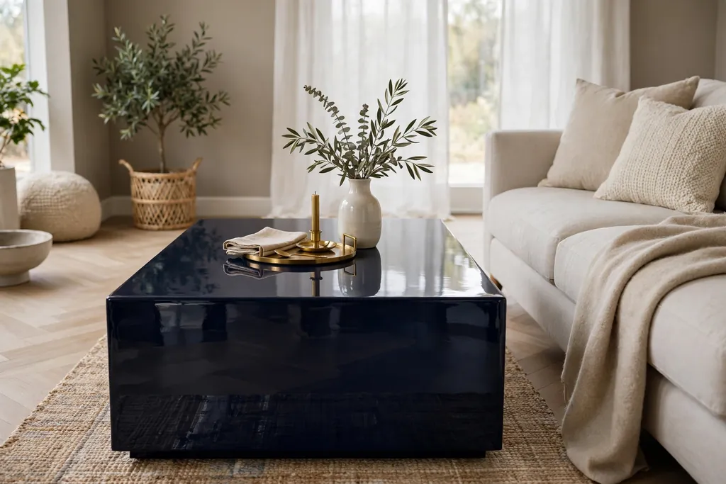 Navy lacquer coffee table with a small tray and vase beside a light sofa.