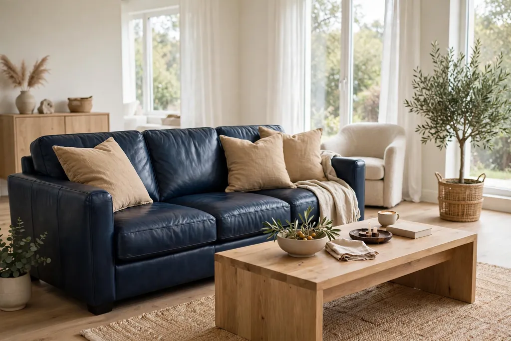 Navy leather sofa with tan cushions and a natural wood coffee table.