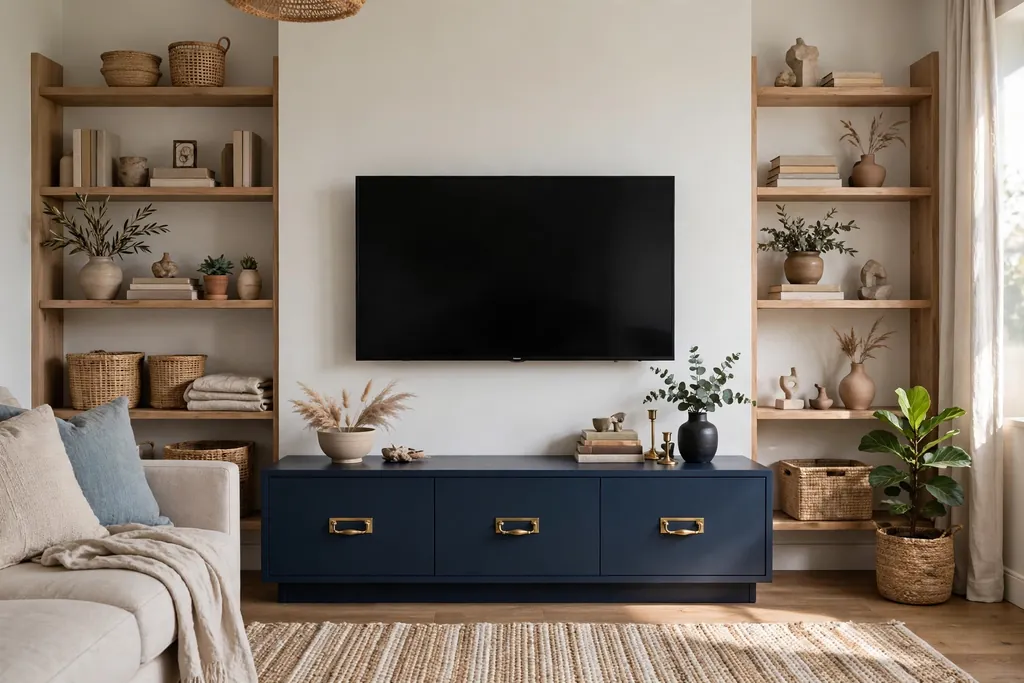 Navy media console under a television with brass handles in a living room.