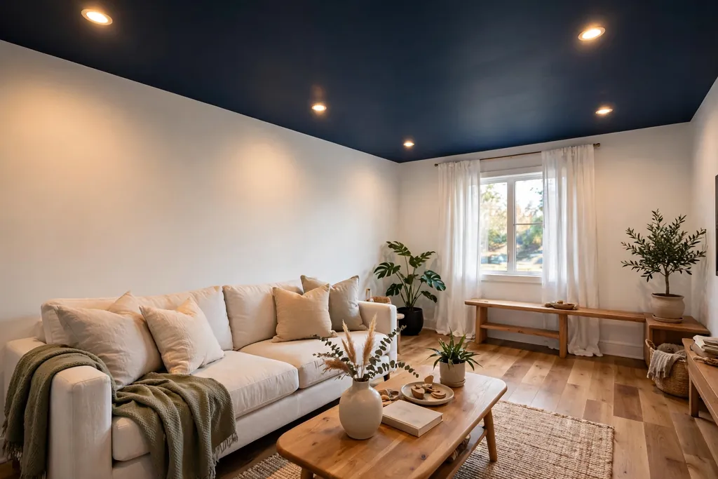 Living room with a navy painted ceiling, white walls, and warm ceiling lighting.