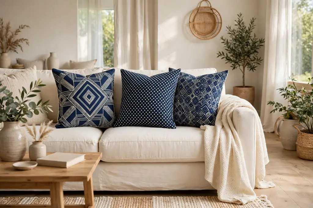 Sofa with mixed navy patterned cushions in geometric and dot prints.