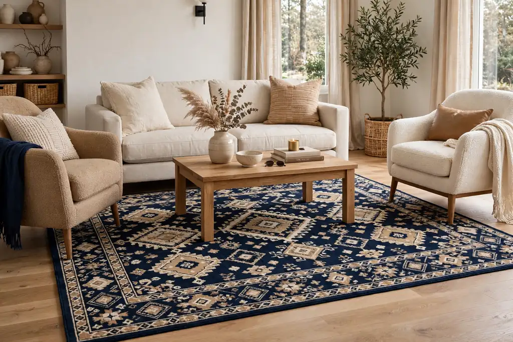 Navy patterned area rug under a sofa and armchairs in a living room.