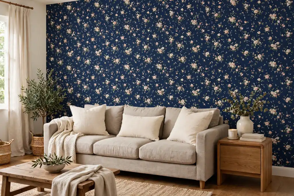 Navy patterned wallpaper feature wall behind a neutral sofa in a living room.