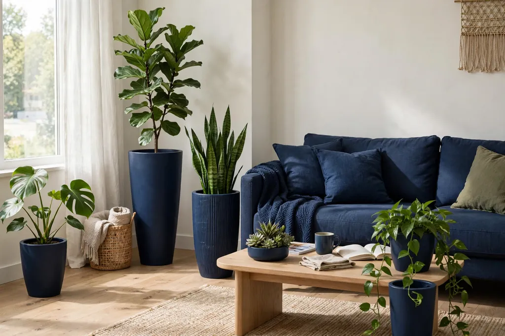 Green plants in navy planters around a living room with a navy sofa.