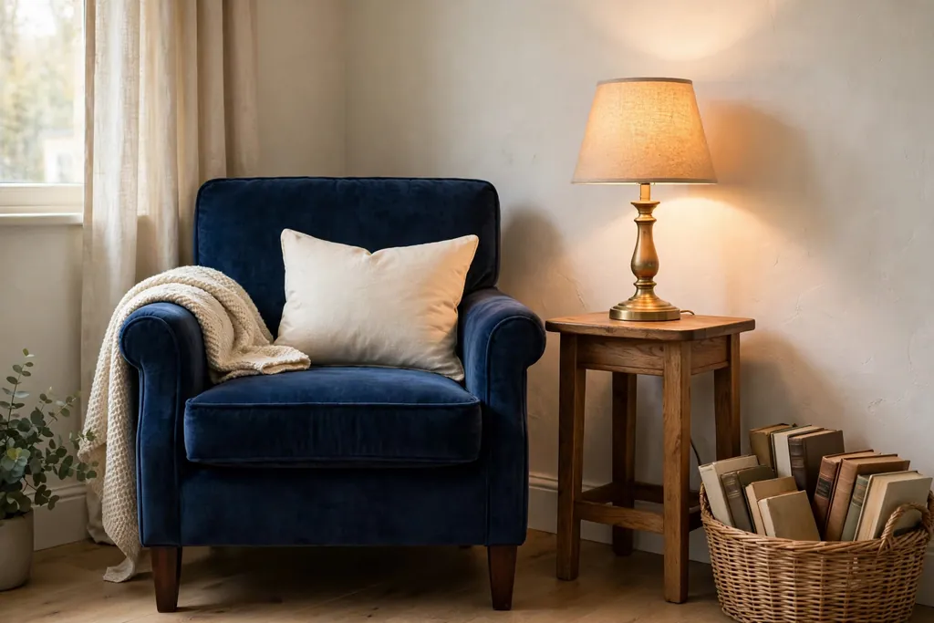 Navy armchair reading nook with a wood side table and warm lamp in a corner.