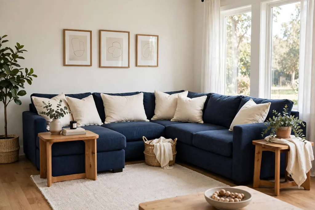 Navy sectional in a family living room with a light rug and wood side tables.