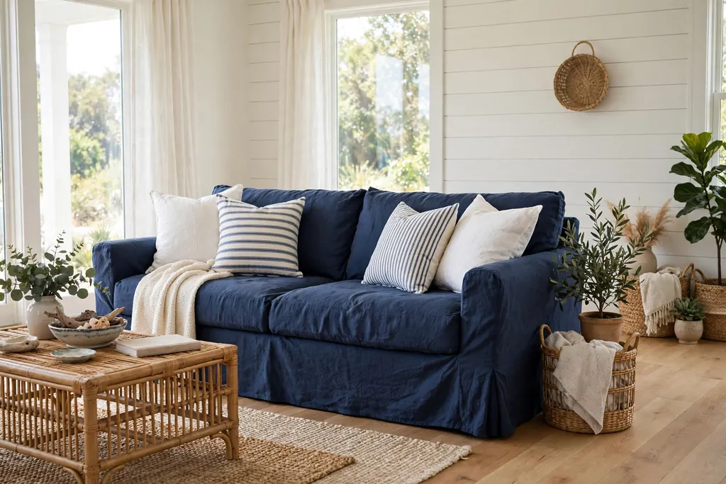 Relaxed navy slipcovered sofa with white and striped cushions in a bright room.