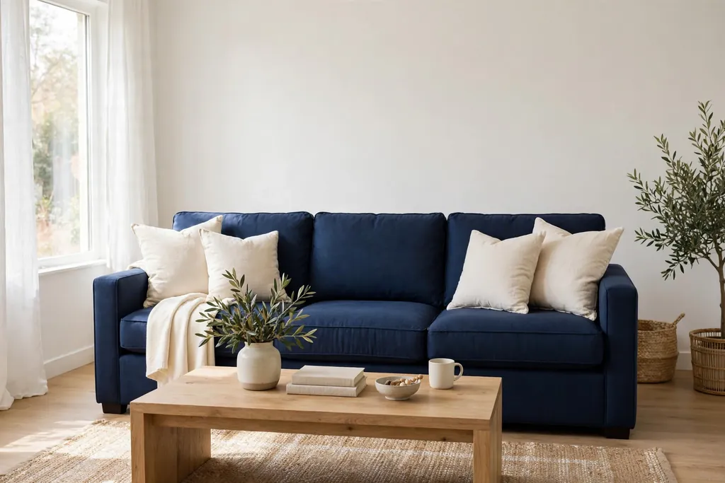 Navy three-seater sofa in a light living room with a wood coffee table and cream cushions.