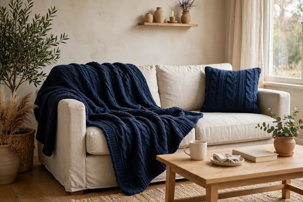 Navy throw draped over a light sofa with a matching navy cushion.