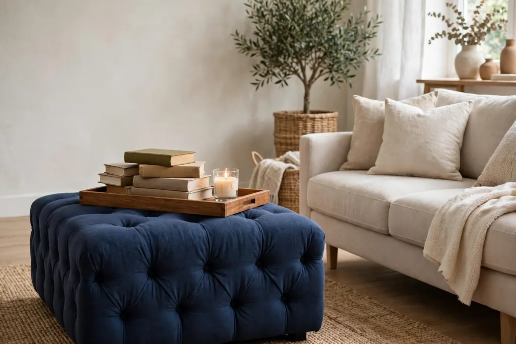 Navy upholstered ottoman with a wood tray, books, and a candle in a living room.