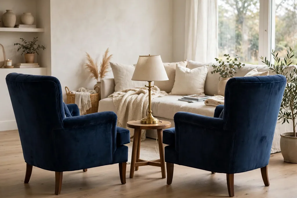 Pair of navy velvet armchairs in a living room with a round side table and brass lamp.