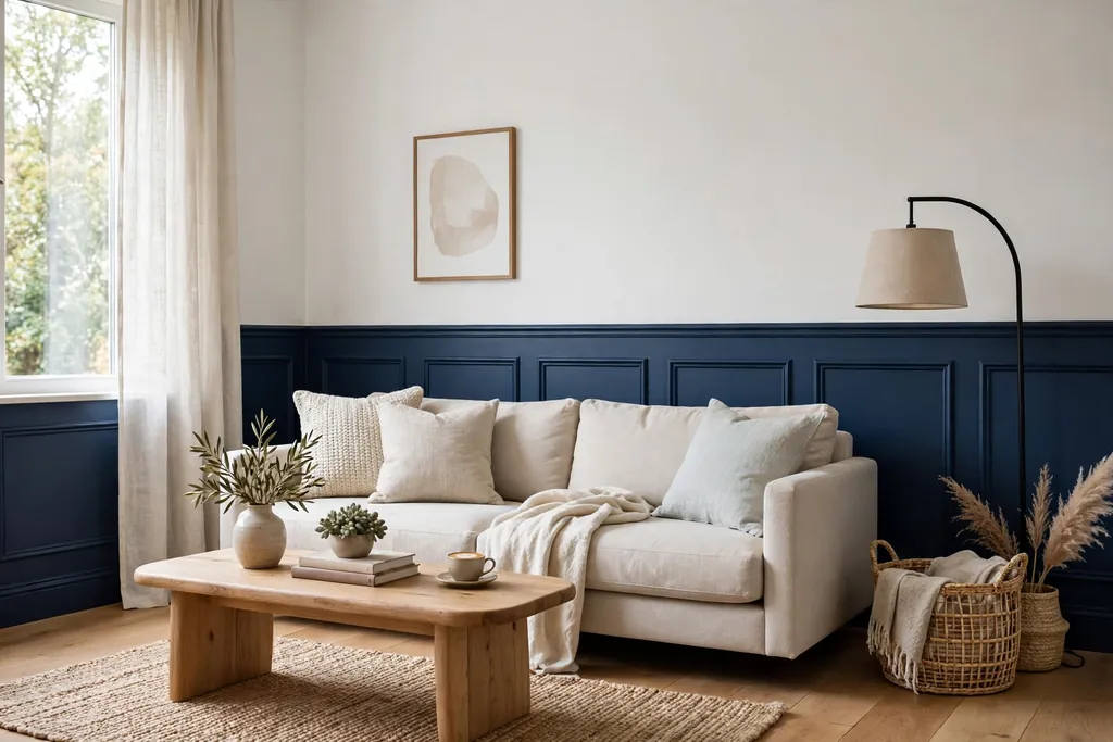 Navy wainscoted wall paneling with white upper walls and a light sofa.