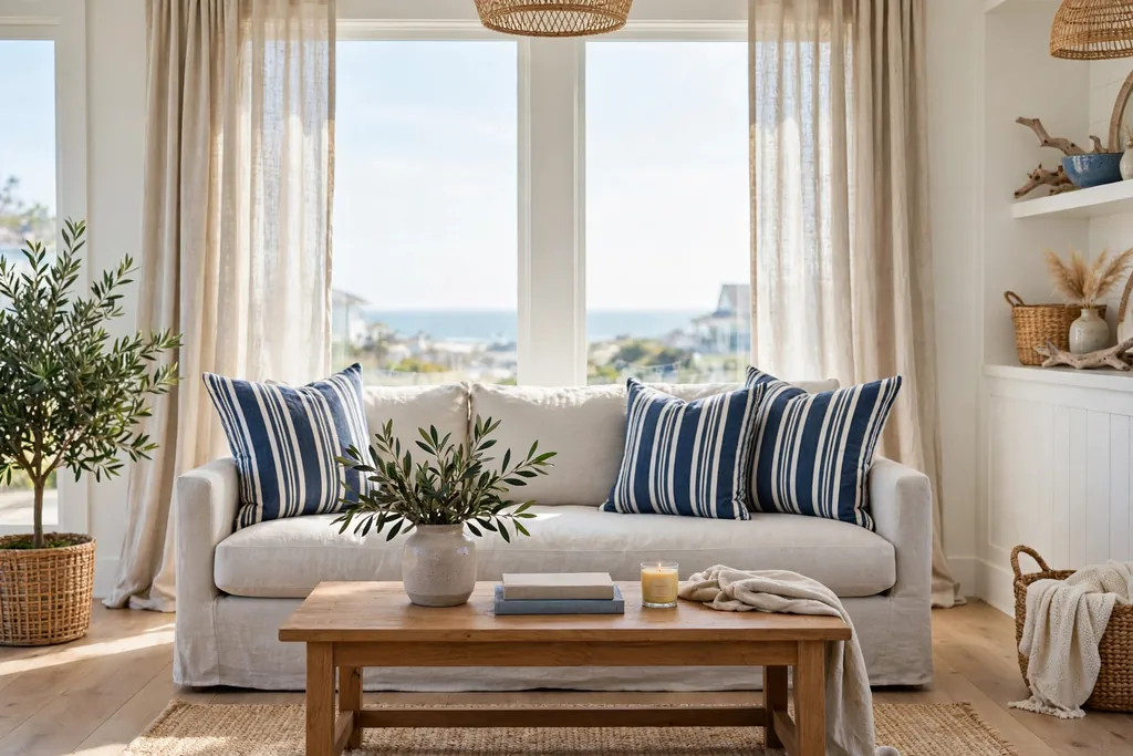 Light sofa with navy and white striped cushions in a coastal living room.