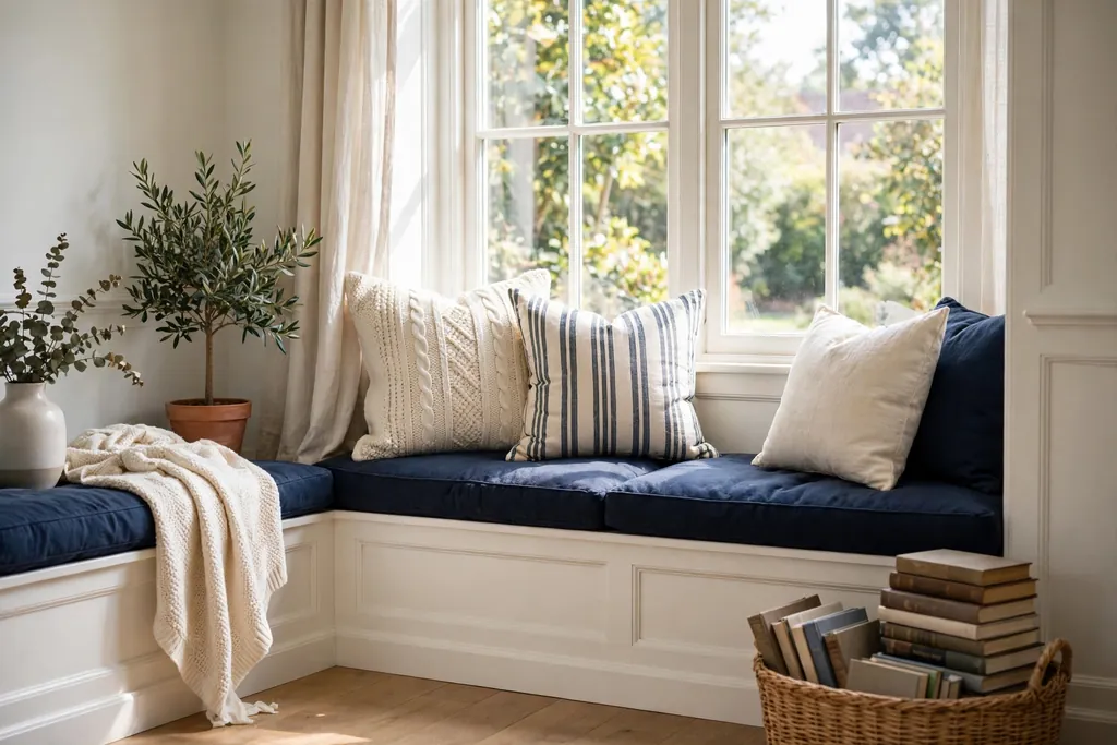 Window seat with navy cushions and cream and striped pillows by a bright window.