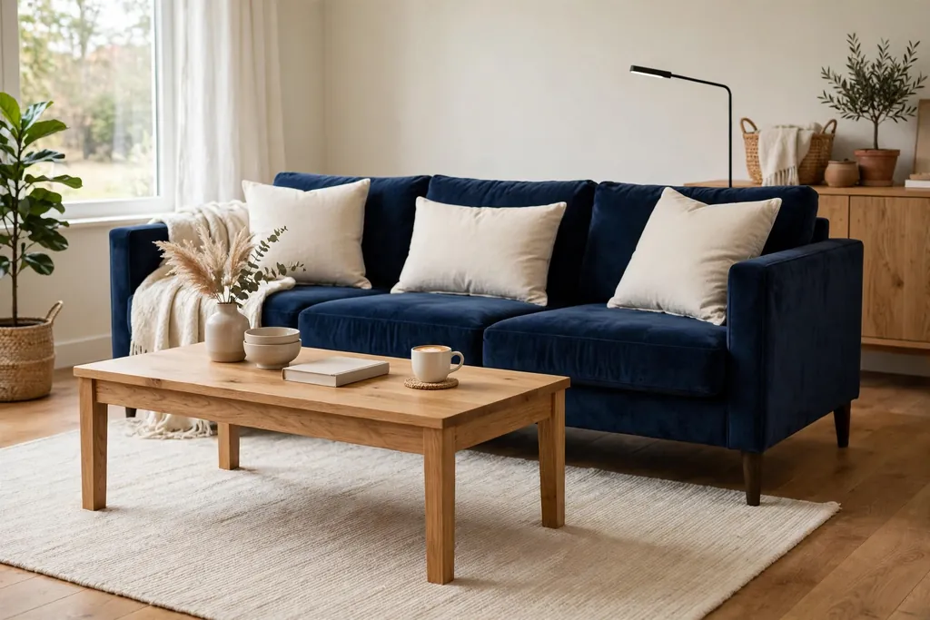 Navy sofa paired with a natural wood coffee table and a light rug.