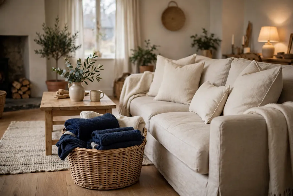 Living room with a basket of navy wool and linen throws for seasonal swaps.