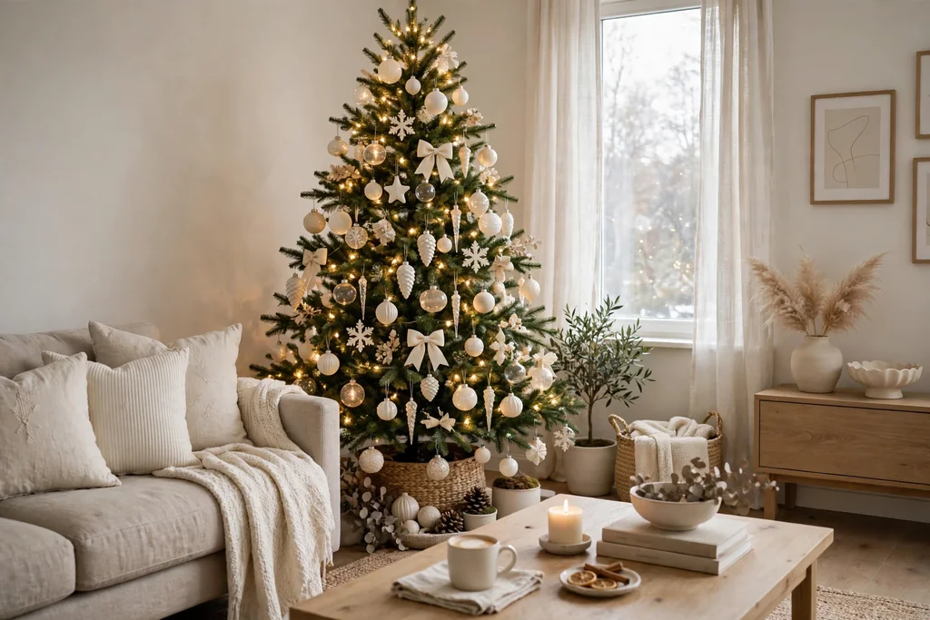 Christmas tree decorated with cream, ivory, and white ornaments and warm white lights.