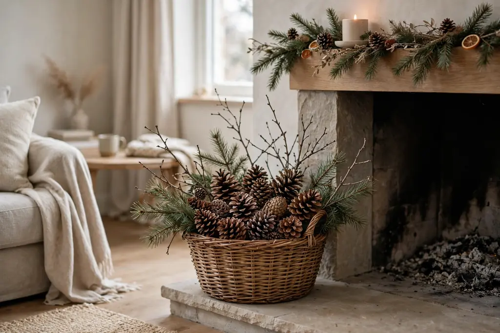 Woven basket filled with pinecones, pine branches, and twigs beside a fireplace.