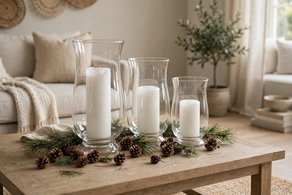 Coffee table with white pillar candles in glass hurricane holders and pine sprigs.