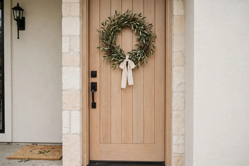 Front door hung with an olive branch wreath tied with cream ribbon.