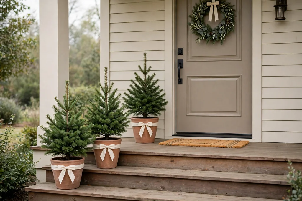Porch steps with small potted pine trees in terracotta pots.