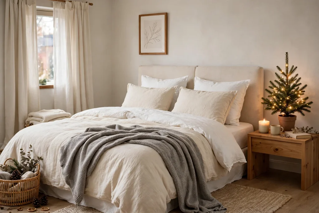 Bedroom with cream bedding, an oatmeal throw, and a small pine tree on the nightstand.