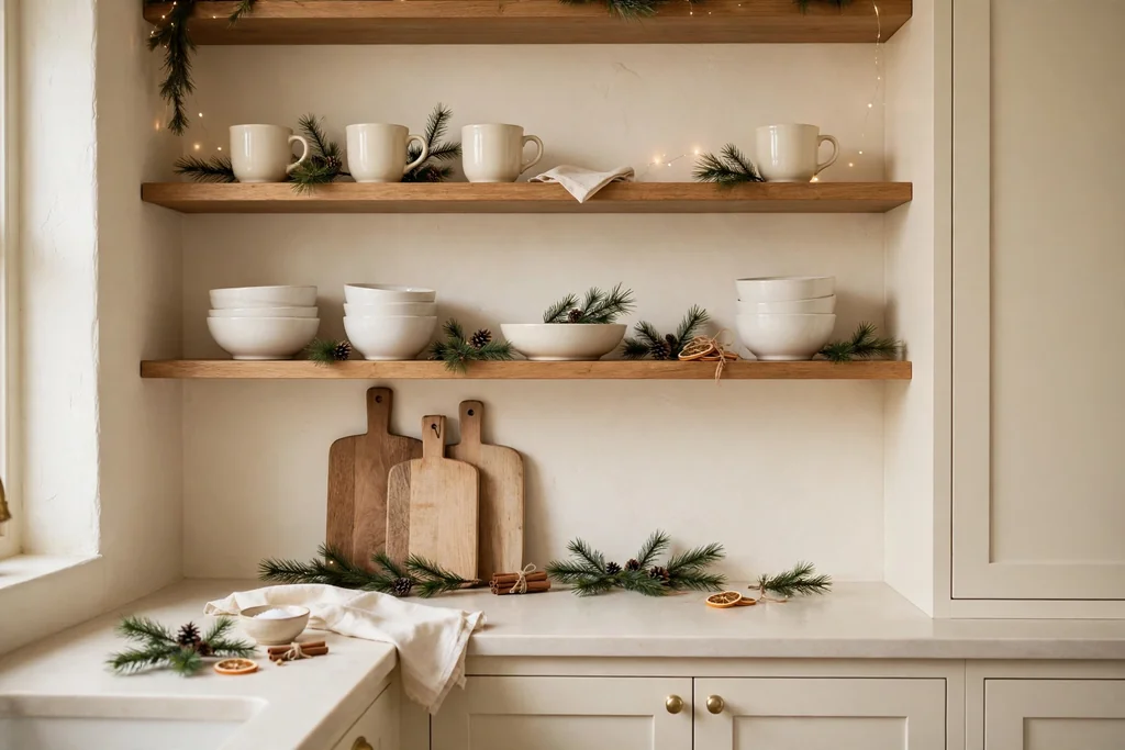 Kitchen shelves displaying cream mugs, white bowls, wooden boards, and pine sprigs.