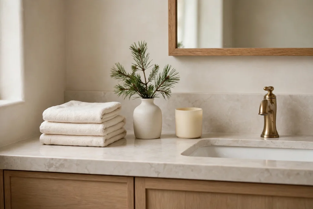 Powder room counter with cream towels, a pine sprig in a vase, and a cream candle.