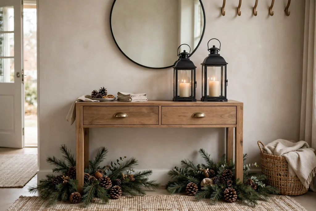 Entry console with lanterns holding cream candles, pine branches, and pinecones.