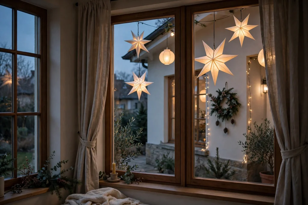 Windows hung with white paper star lanterns glowing with warm light.