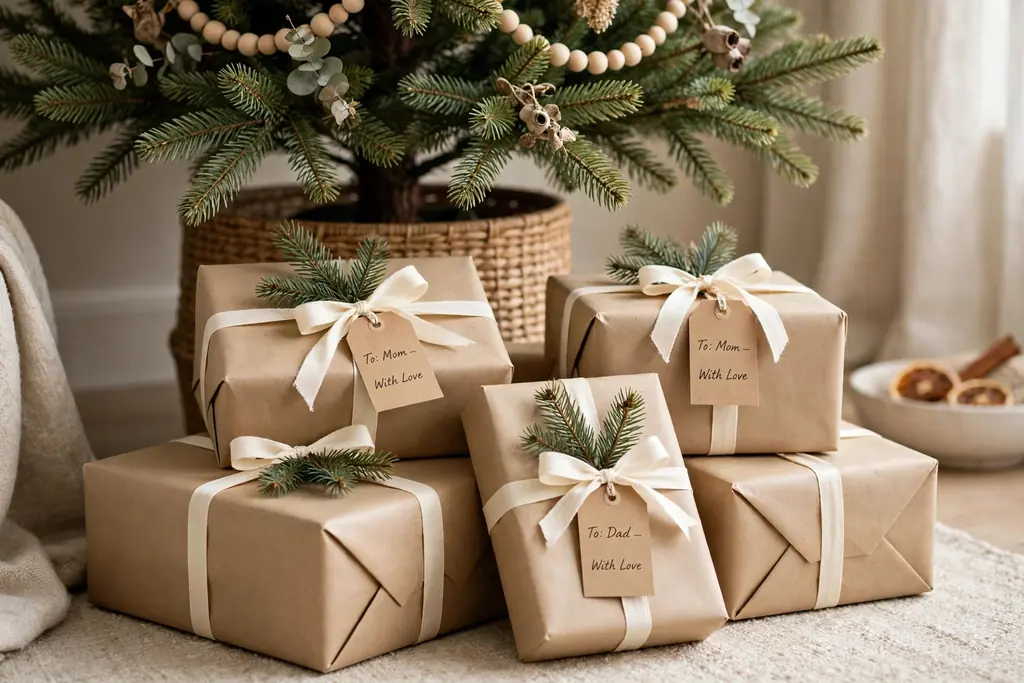 Gifts wrapped in kraft paper with cream ribbon and pine sprigs under a tree.