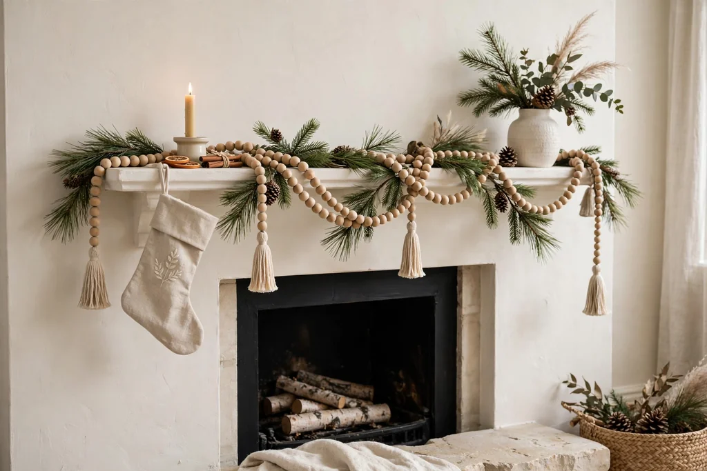 Mantel draped with a natural wooden bead garland and pine sprigs.