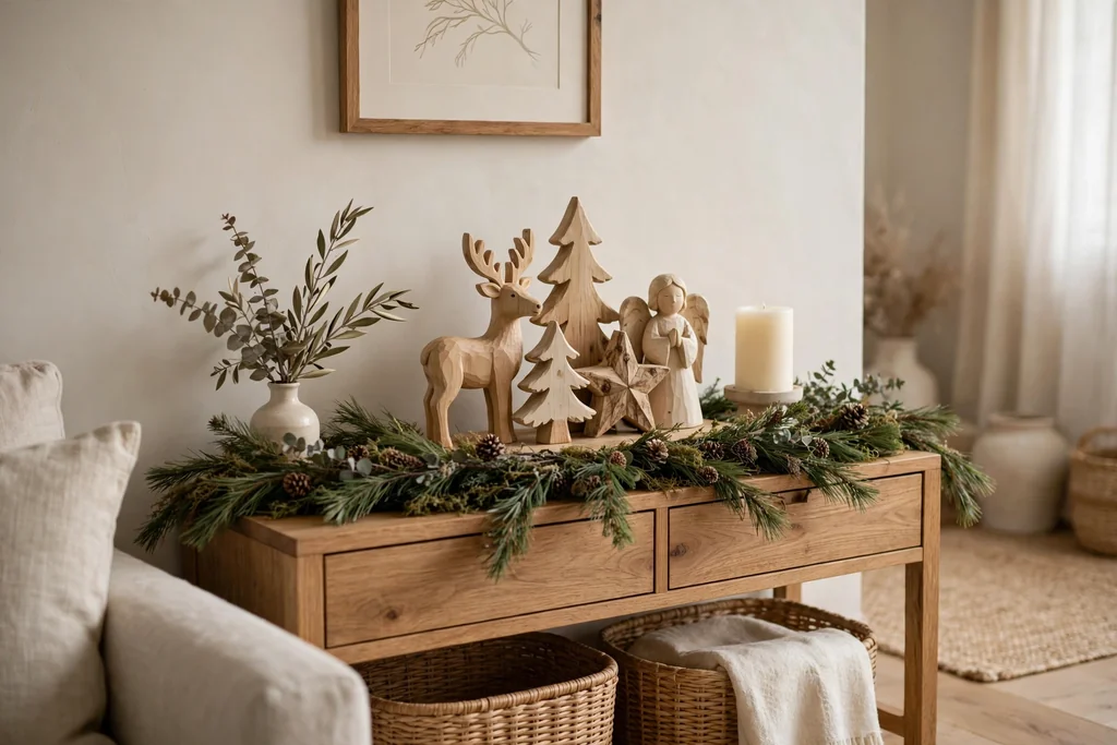 Living room console with carved wooden figures and a low pine garland.