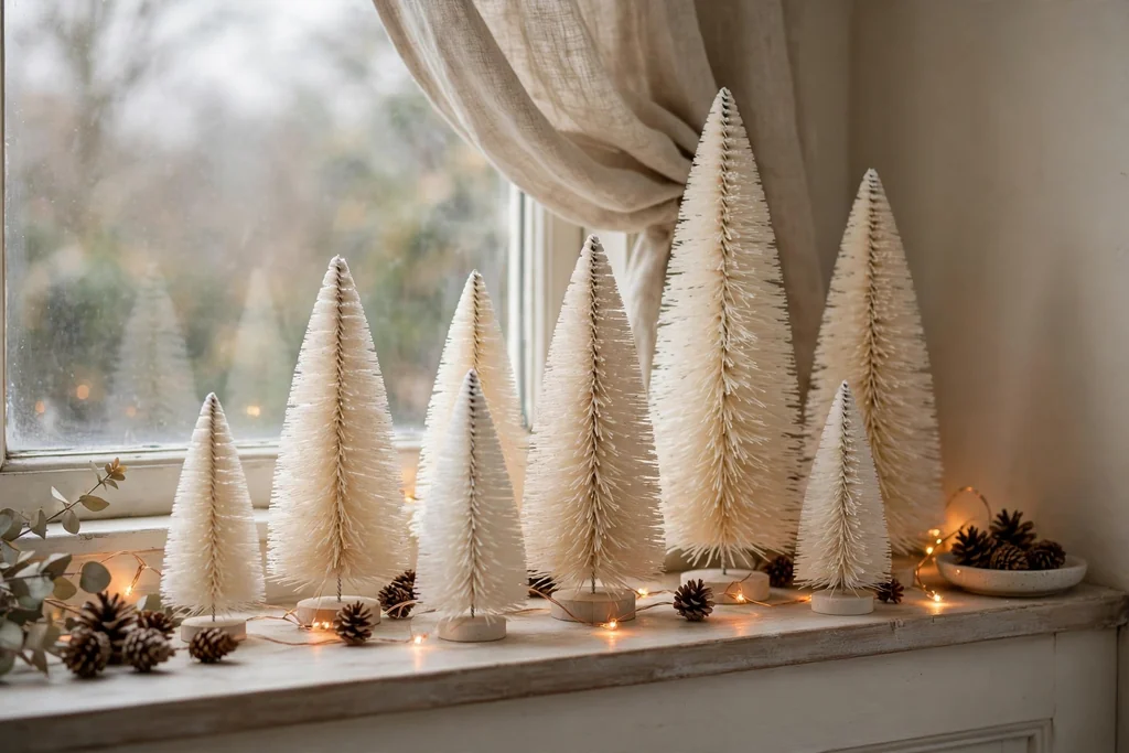 Windowsill lined with white and cream bottle brush trees and pinecones.