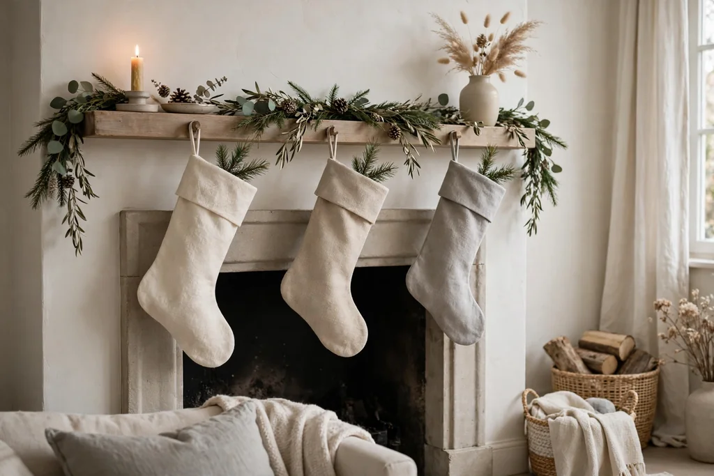 Mantel hung with plain linen stockings in cream, oatmeal, and soft gray.