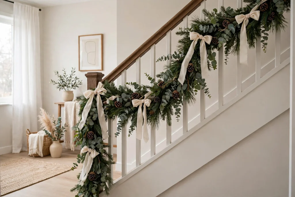 Staircase banister draped with a pine and eucalyptus garland tied with cream ribbon.