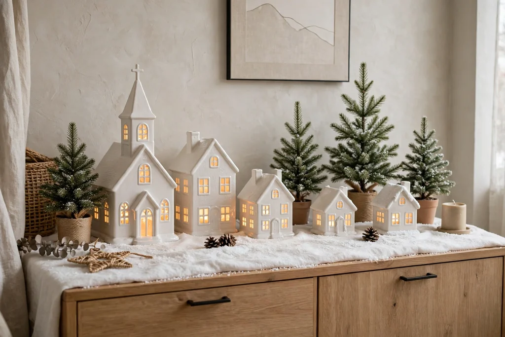Sideboard with white ceramic houses and small pine trees with glowing windows.