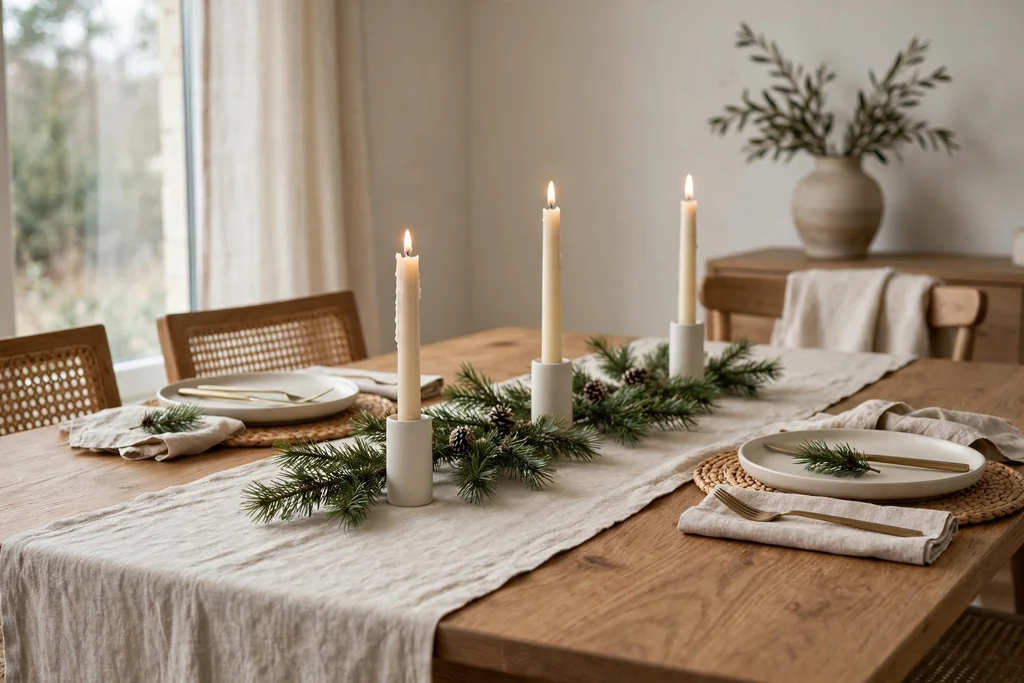 Dining table with a beige linen runner, cream taper candles, and pine sprigs.