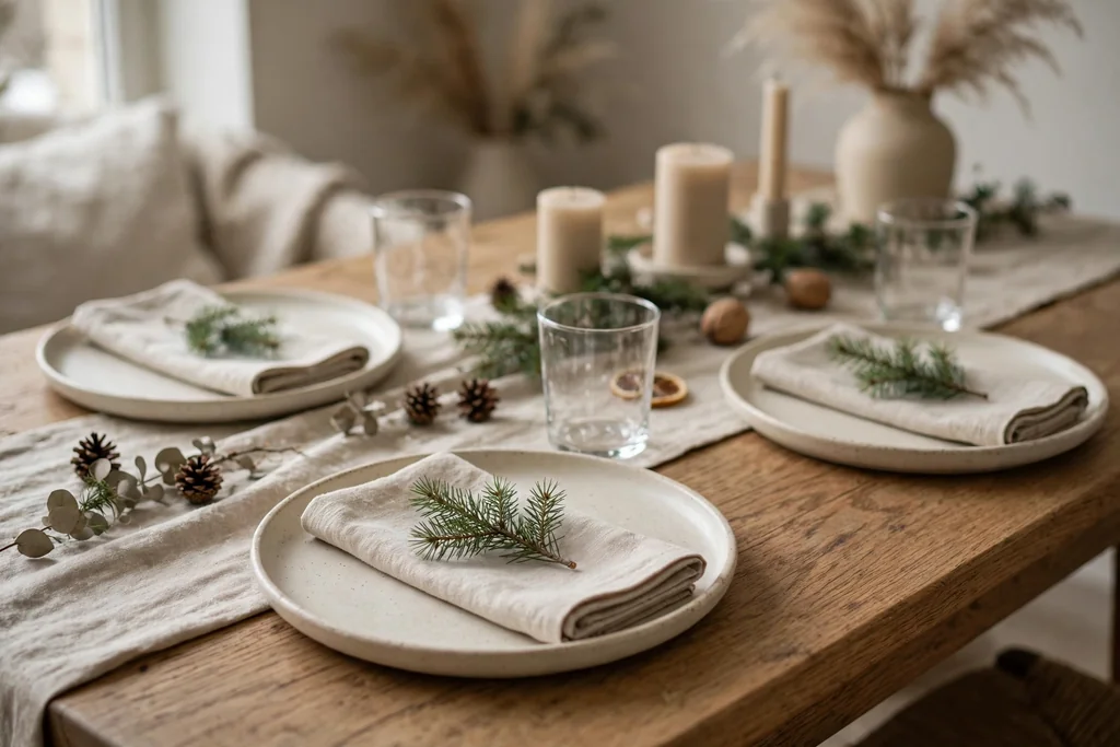 Table setting with stoneware plates, beige linen napkins, and a pine sprig.