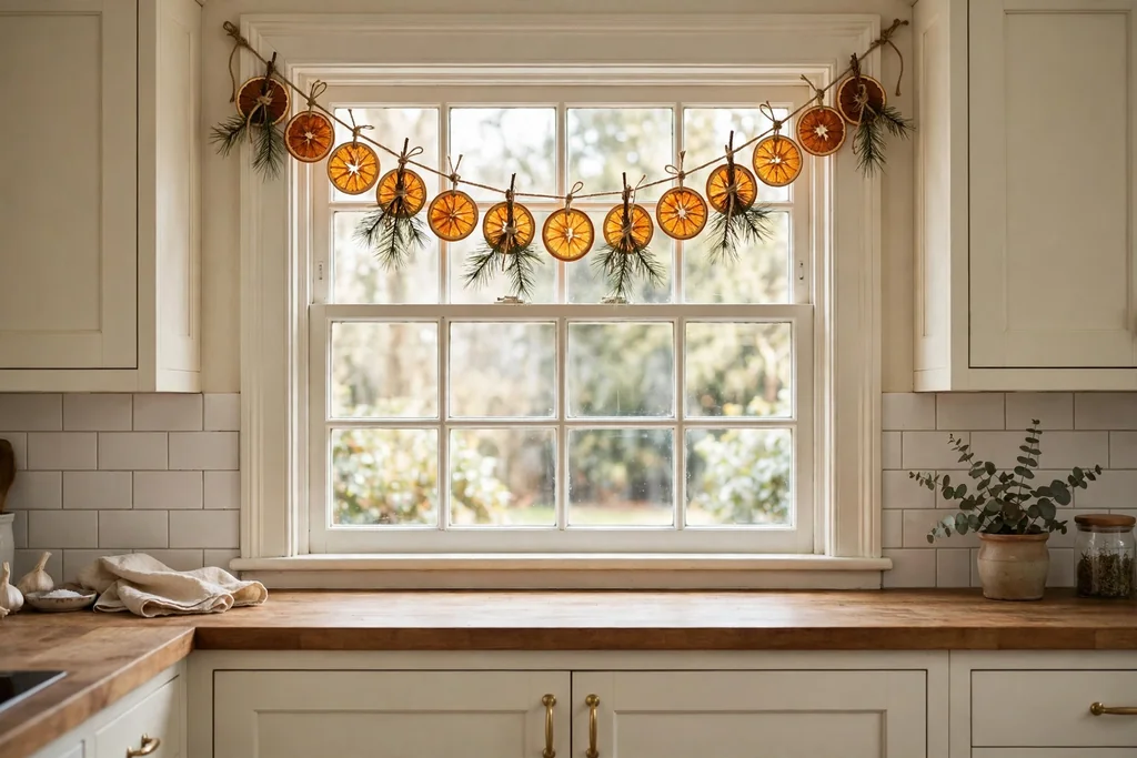 Kitchen window hung with a dried orange slice garland and pine sprigs.