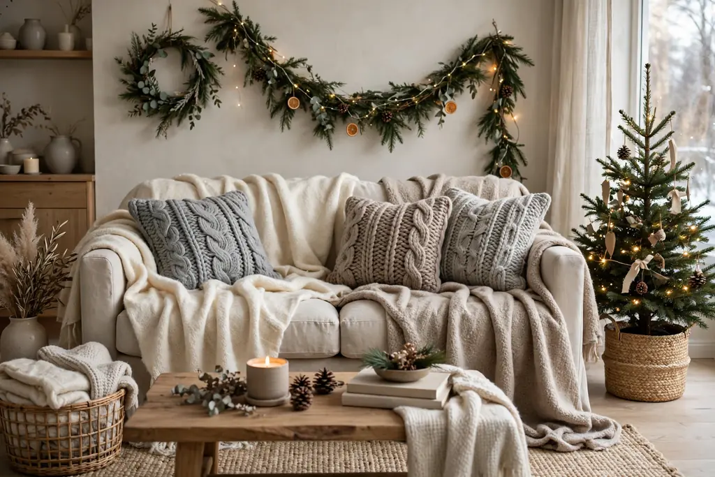 Sofa layered with cream and oatmeal wool throws and chunky knit pillows.