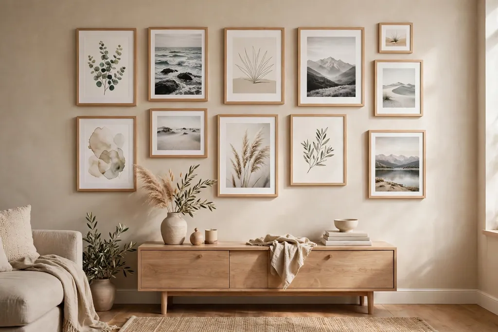 Beige gallery wall with framed prints in matching light wood frames.