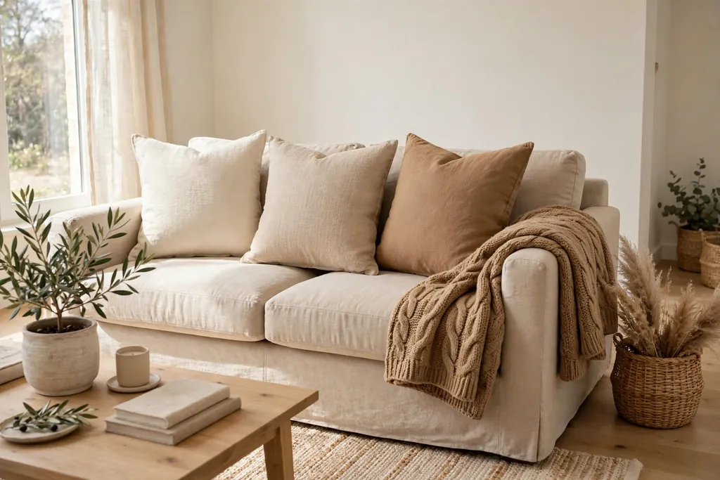 Beige sofa layered with cream, sand, and camel cushions and a soft throw.