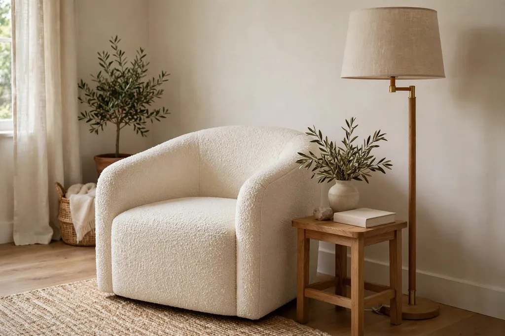 Cream boucle armchair in a quiet living room corner with a side table and lamp.