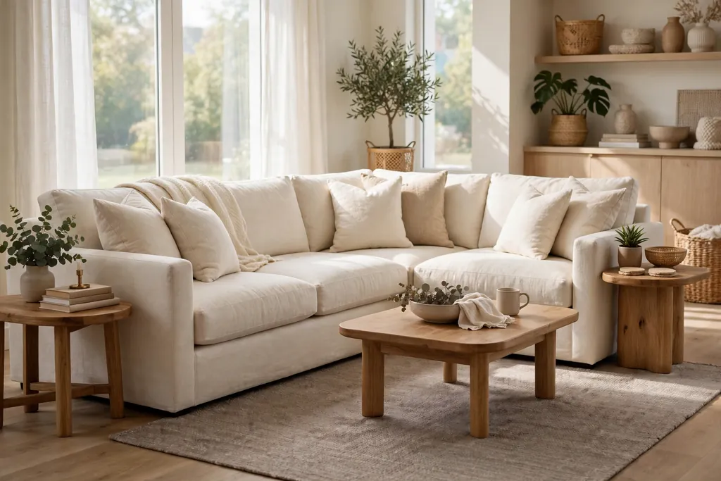 Cream sectional in a family living room with a taupe rug and wood side tables.