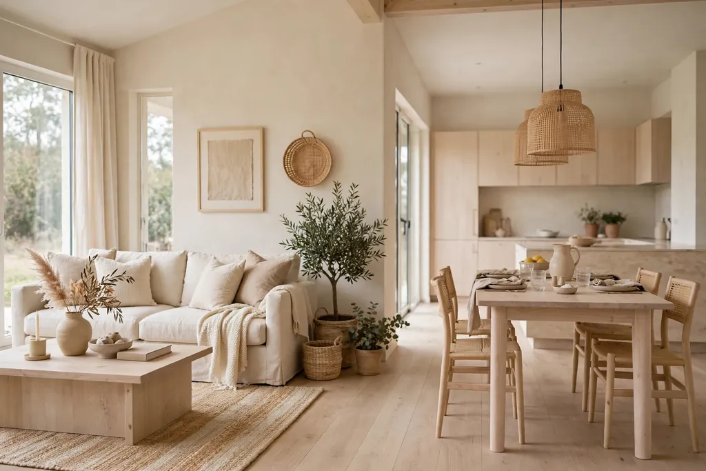 Open plan living and dining zones in cream, beige, and pale wood.