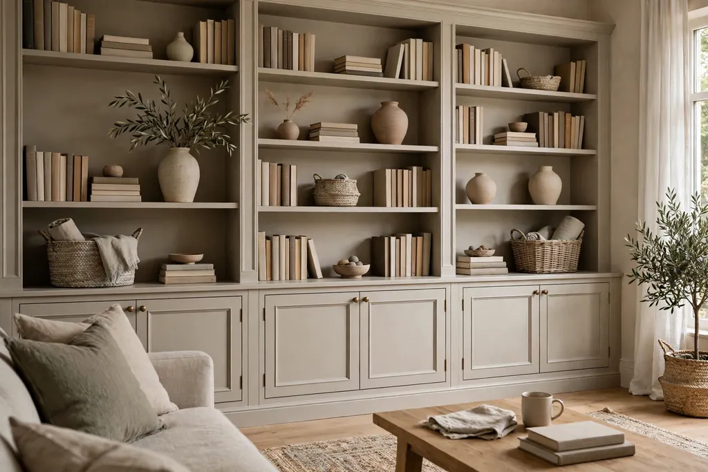 Greige built-in shelving wall styled with books, ceramic vases, and woven baskets.