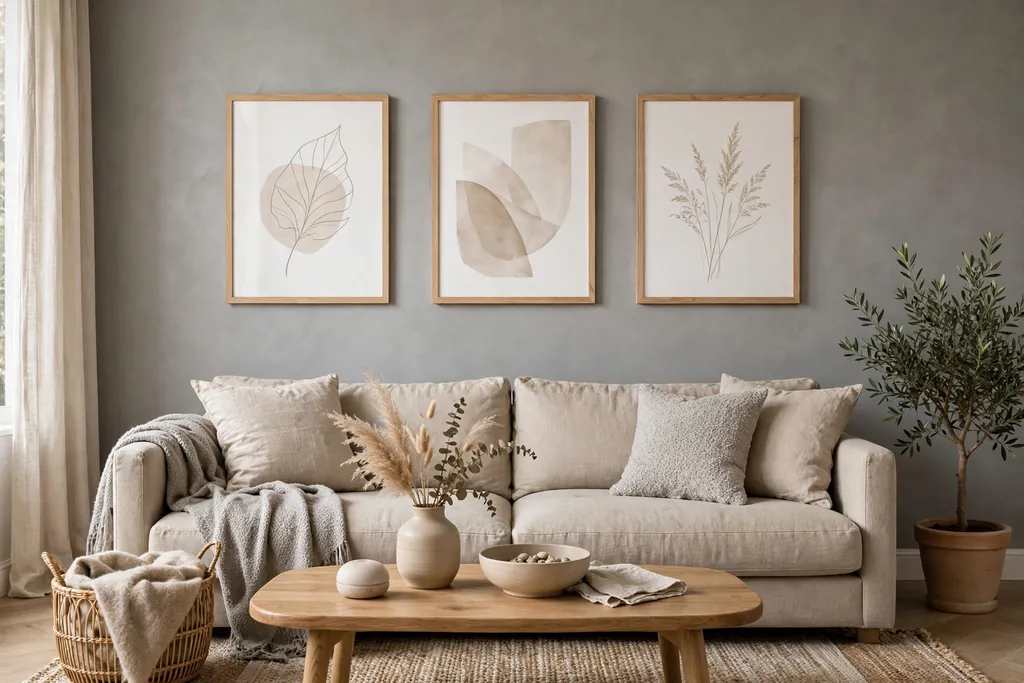 Soft grey feature wall with framed art in light wood frames above a neutral sofa.